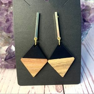 Boho Gold Bar Hanging Stud Earrings with Wood Diamonds
